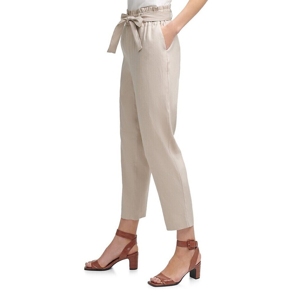 Calvin Klein Women's Belted Waist Paperbag Pants In Latte Beige Size S $119